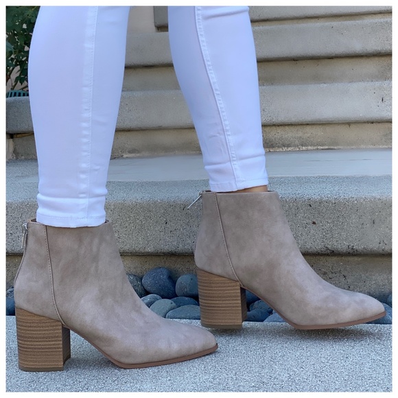 Taupe Faux Nubuck Leather Stacked Block Heel Booti - Picture 8 of 8